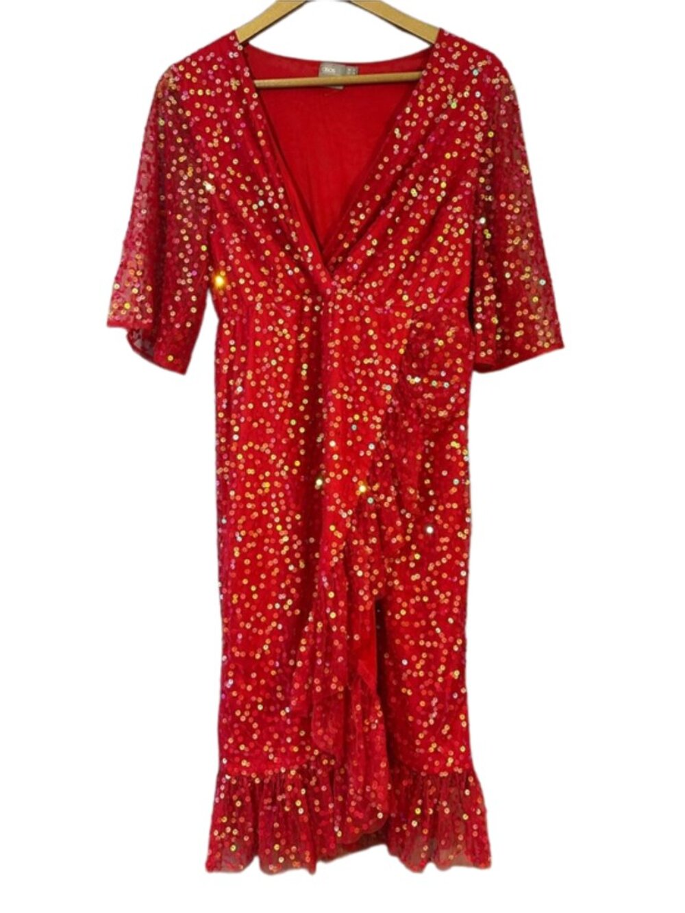 ASOS Red Sequin Midi Dress Size 6 Holiday Party Cocktail Wrap Style